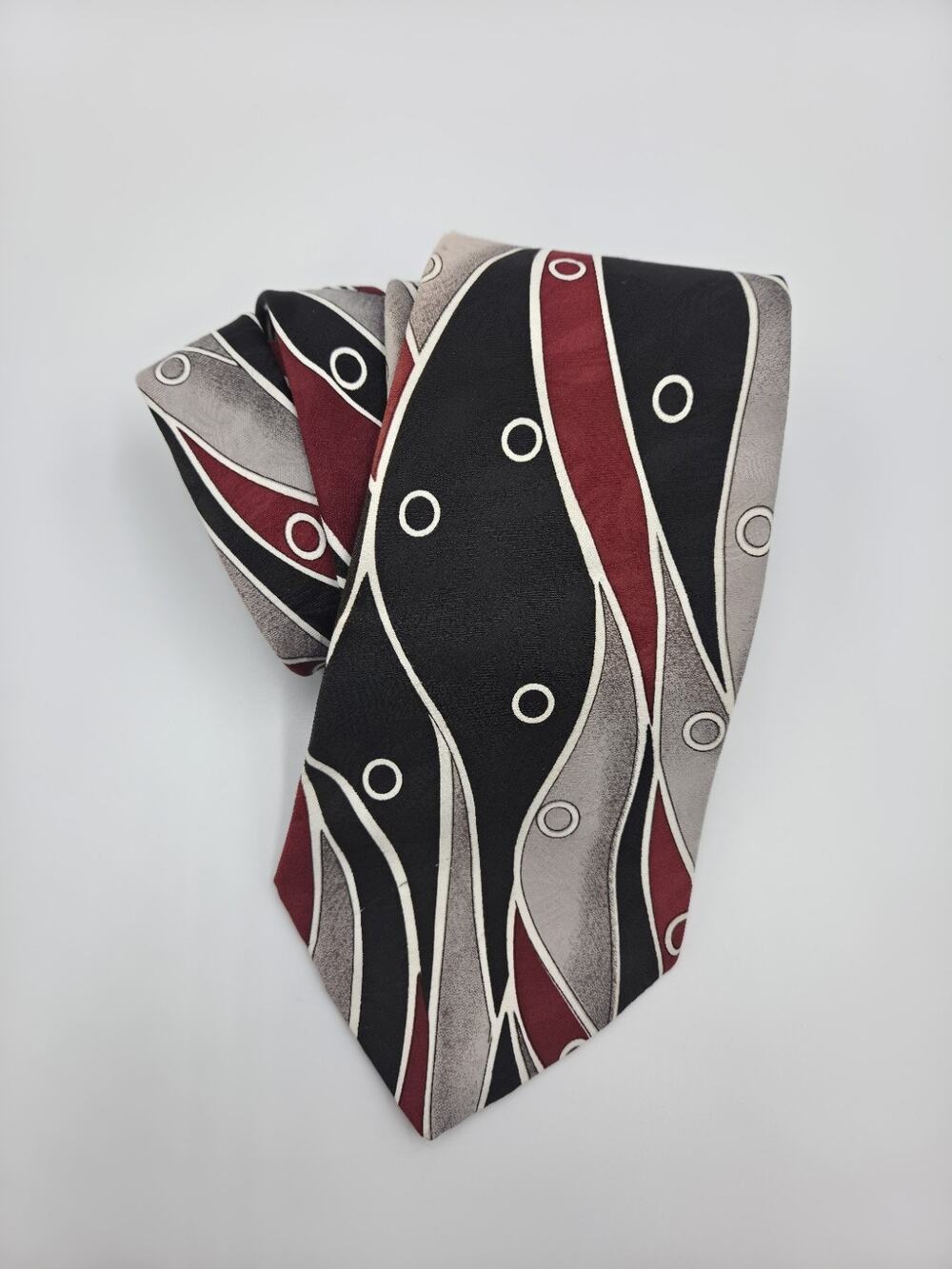 Surrey Mens Necktie Vtg Abstract Geometric Wave Swirl Burgundy Red Black Grey